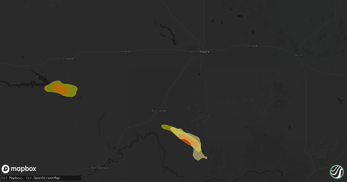 Hail map in Box Elder, MT on June 25, 2026