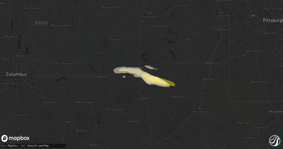 Hail map in Byesville, OH on June 25, 2026