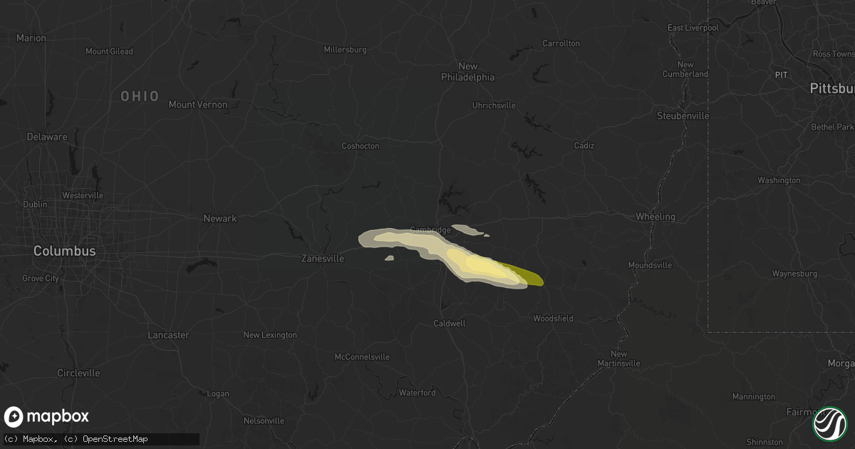 Hail map in Cambridge, OH on June 25, 2026