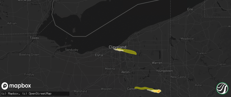 Hail map in Cleveland, OH on June 25, 2026