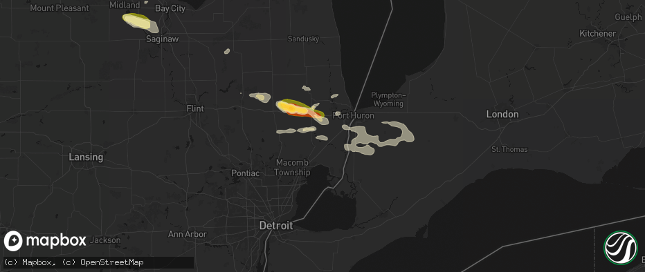 Hail map in Columbus, MI on June 25, 2026