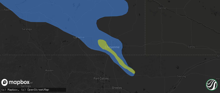 Hail map in Fe Warren Afb, WY on June 25, 2026