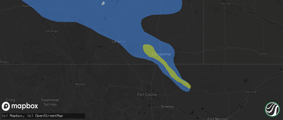 Hail map in Granite Canon, WY on June 25, 2026