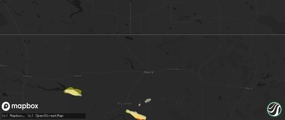 Hail map in Havre, MT on June 25, 2026