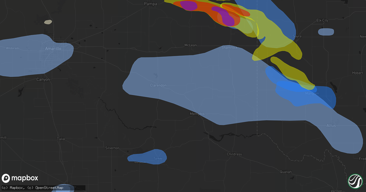 Hail map in Hedley, TX on June 25, 2026