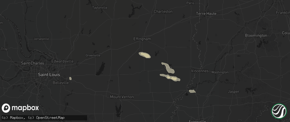 Hail map in Louisville, IL on June 25, 2026