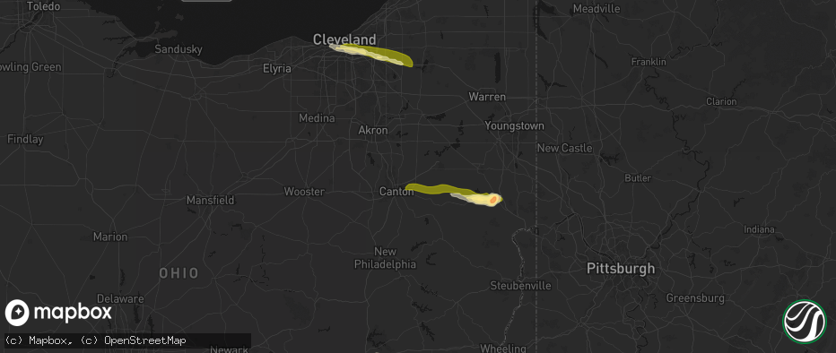 Hail map in Louisville, OH on June 25, 2026
