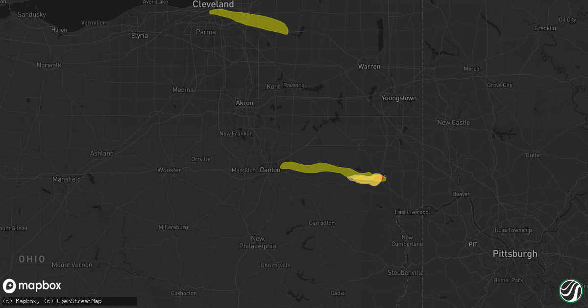 Hail map in Louisville, OH on June 25, 2026
