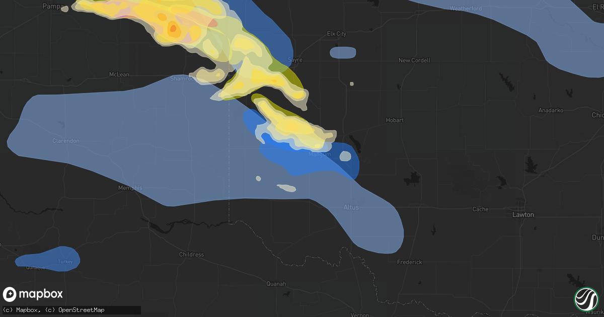 Hail map in Mangum, OK on June 25, 2026