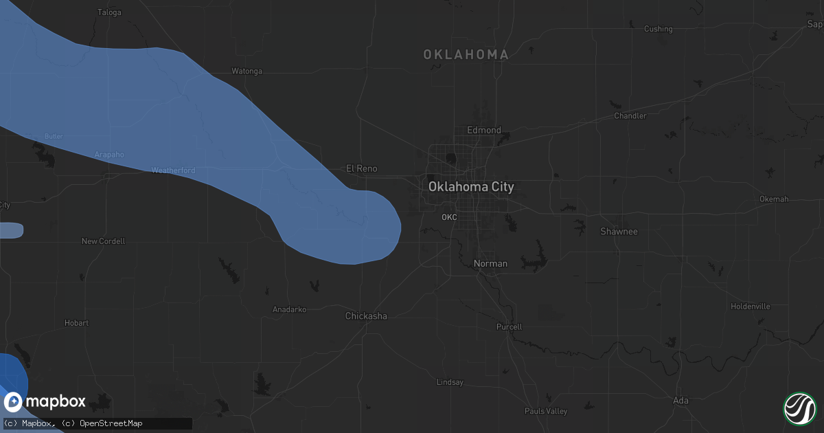 Hail map in Mustang, OK on June 25, 2026