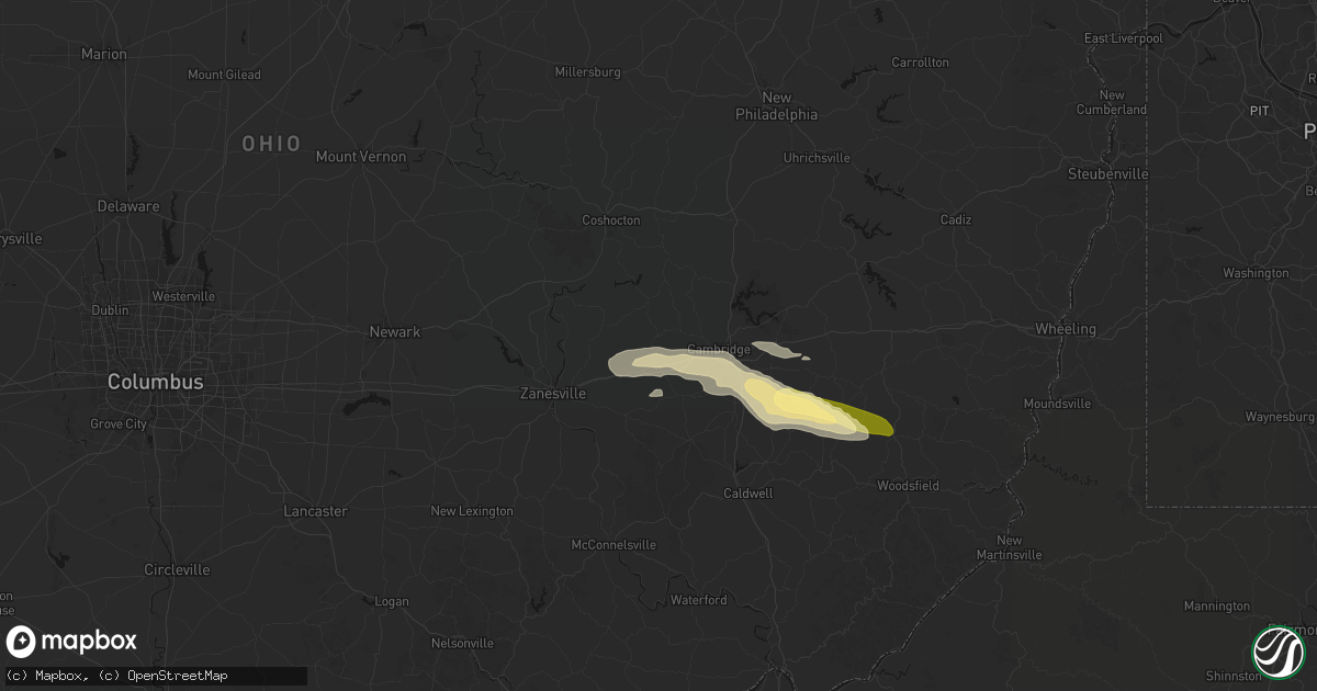 Hail map in New Concord, OH on June 25, 2026