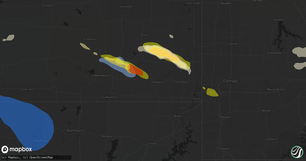 Hail map in Oswego, KS on June 25, 2026