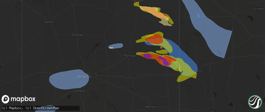 Hail map in Pampa, TX on June 25, 2026