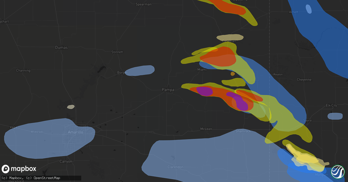 Hail map in Pampa, TX on June 25, 2026