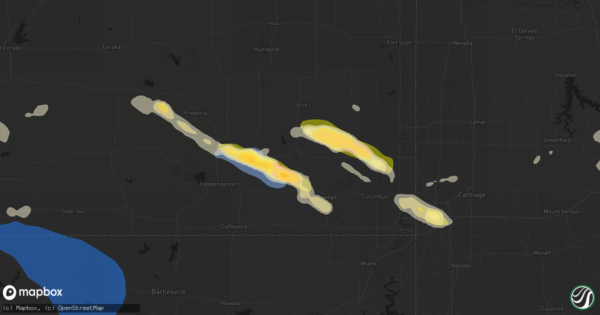 Hail map in Parsons, KS on June 25, 2026