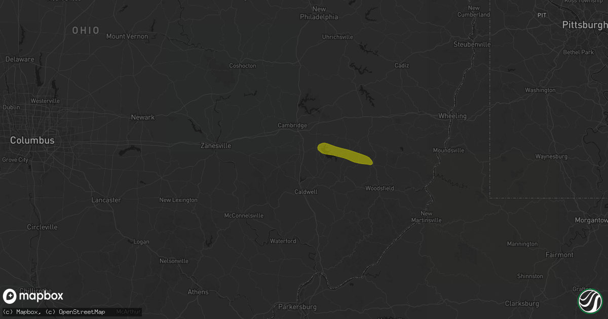 Hail map in Pleasant City, OH on June 25, 2026