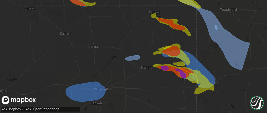 Hail map in Skellytown, TX on June 25, 2026