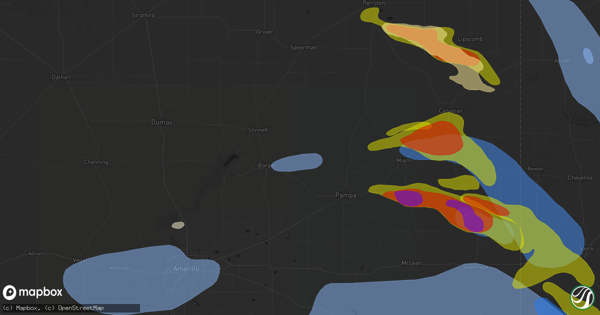 Hail map in Skellytown, TX on June 25, 2026