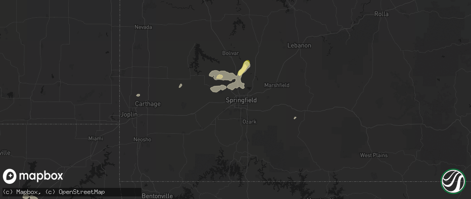 Hail map in Springfield, MO on June 25, 2026