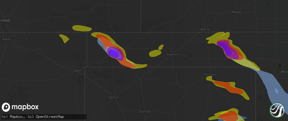 Hail map in Texhoma, OK on June 25, 2026