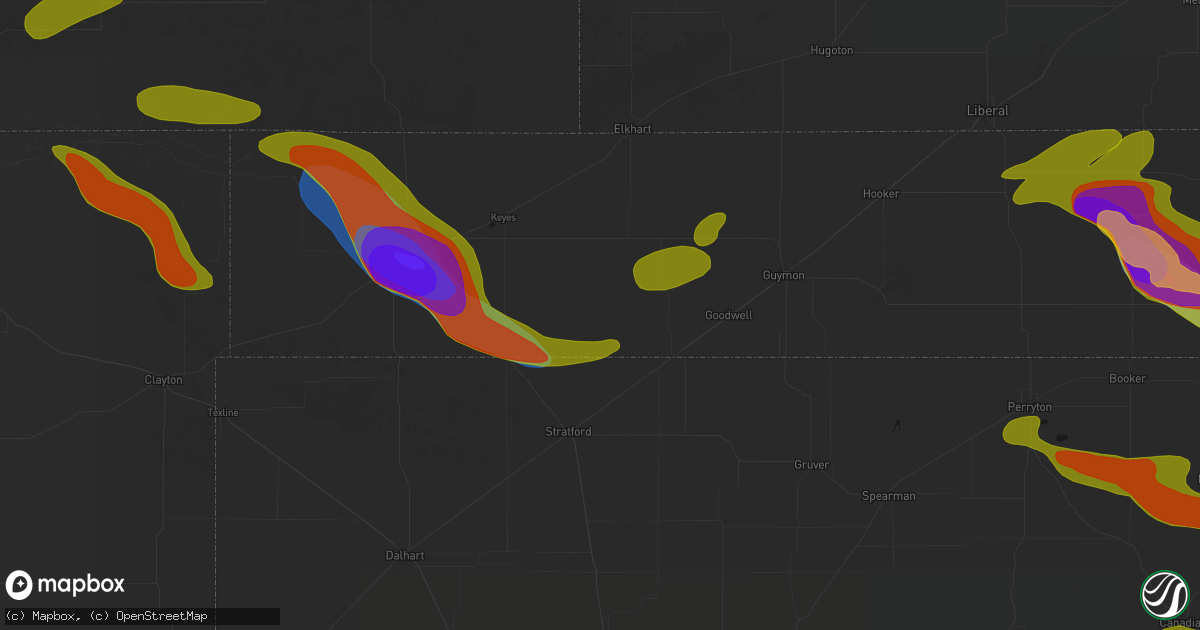 Hail map in Texhoma, OK on June 25, 2026