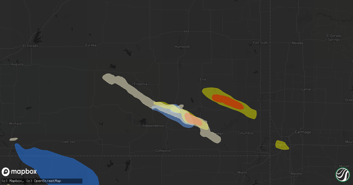 Hail map in Thayer, KS on June 25, 2026