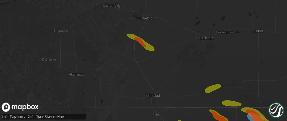 Hail map in Walsenburg, CO on June 25, 2026