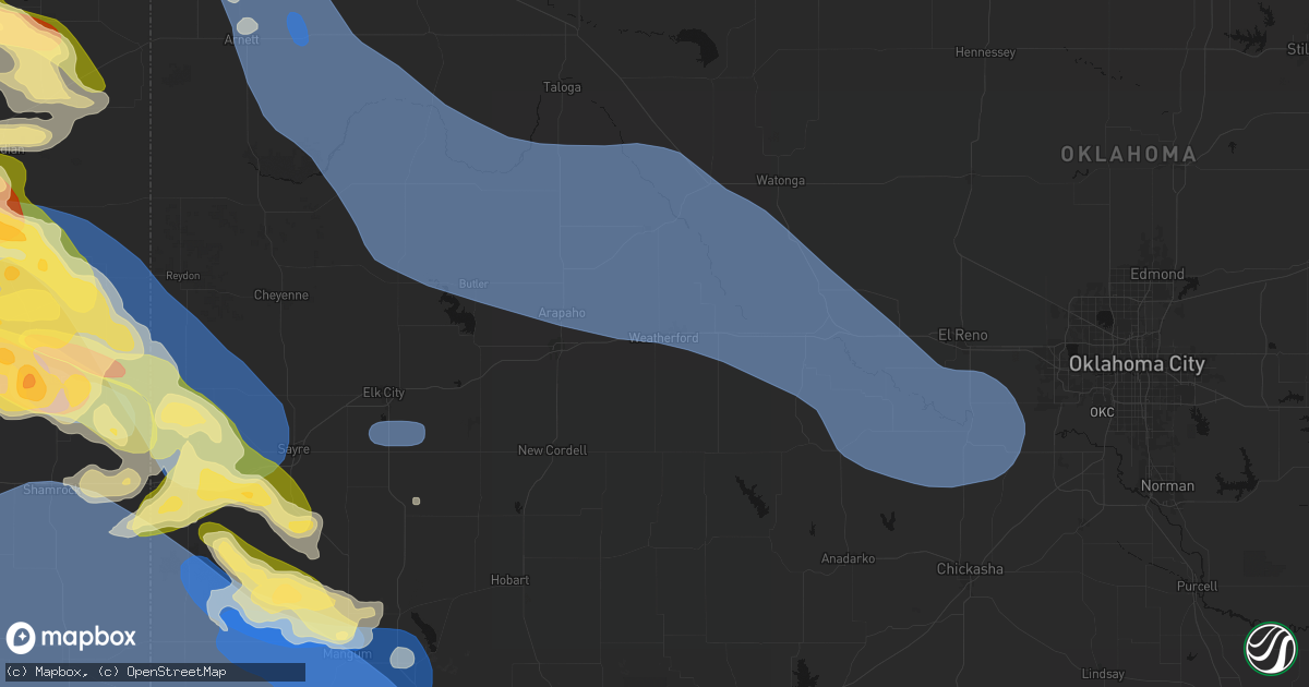 Hail map in Weatherford, OK on June 25, 2026