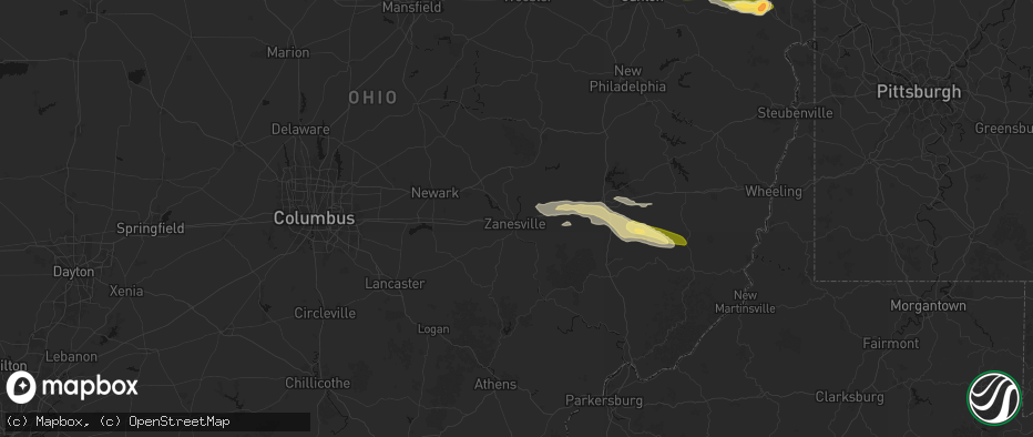 Hail map in Zanesville, OH on June 25, 2026