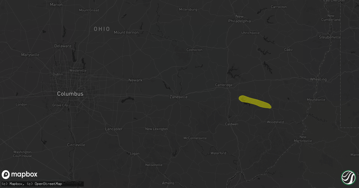 Hail map in Zanesville, OH on June 25, 2026