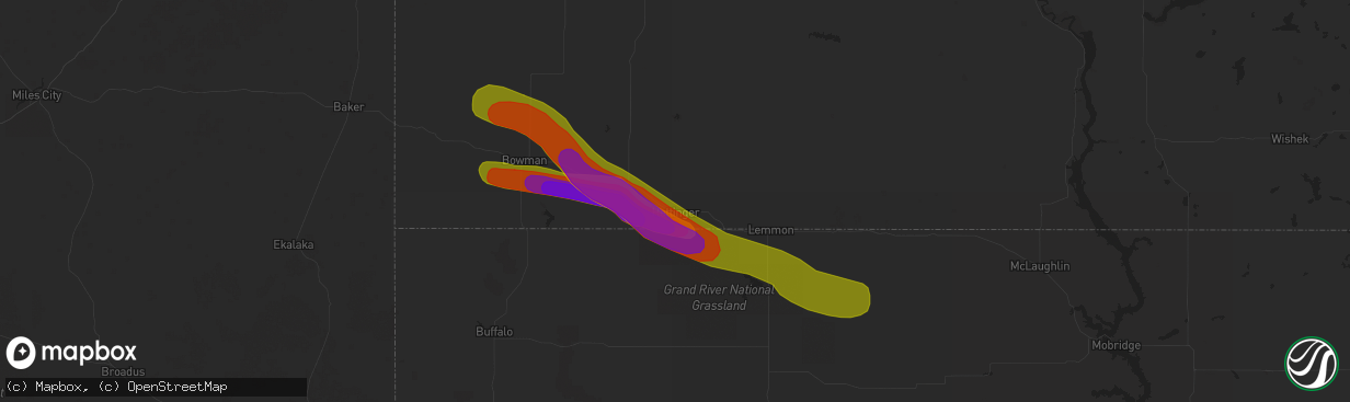 Hail map in Hettinger, ND on June 26, 2018