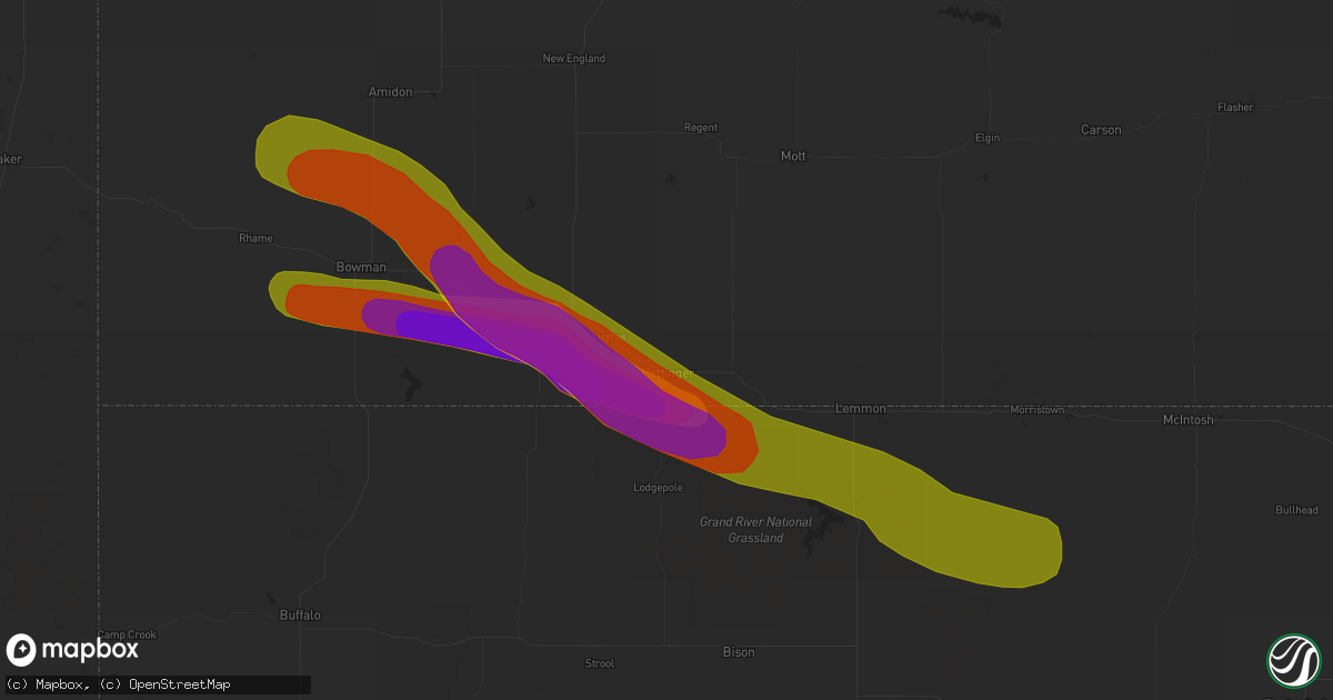Hail map in Hettinger, ND on June 26, 2018
