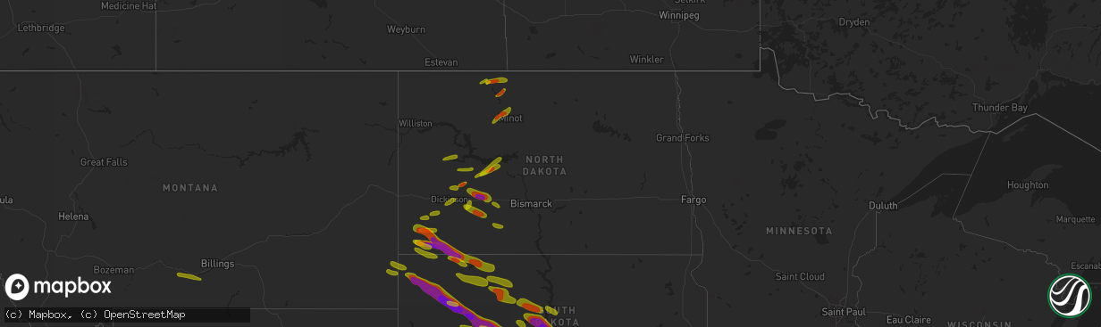 Hail map in North Dakota on June 26, 2018