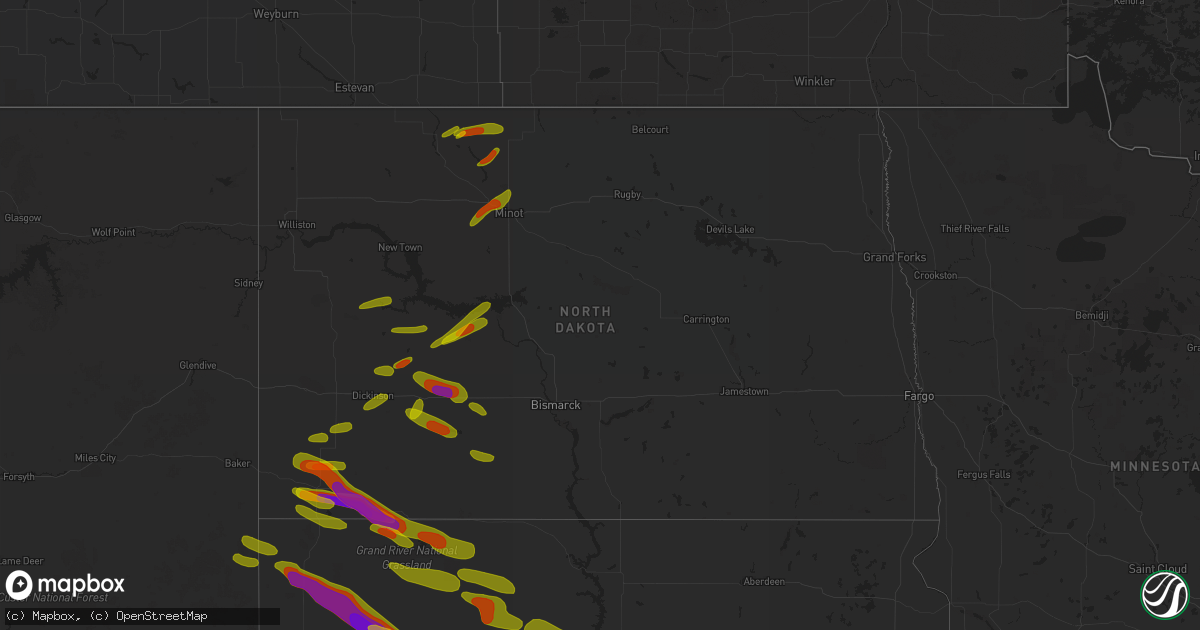 Hail map in North Dakota on June 26, 2018