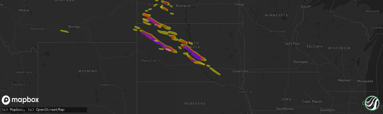 Hail map in South Dakota on June 26, 2018