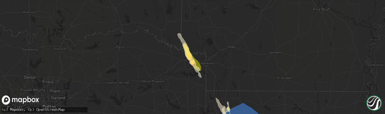 Hail map in Hooks, TX on June 26, 2023