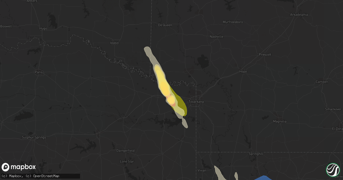 Hail map in Hooks, TX on June 26, 2023