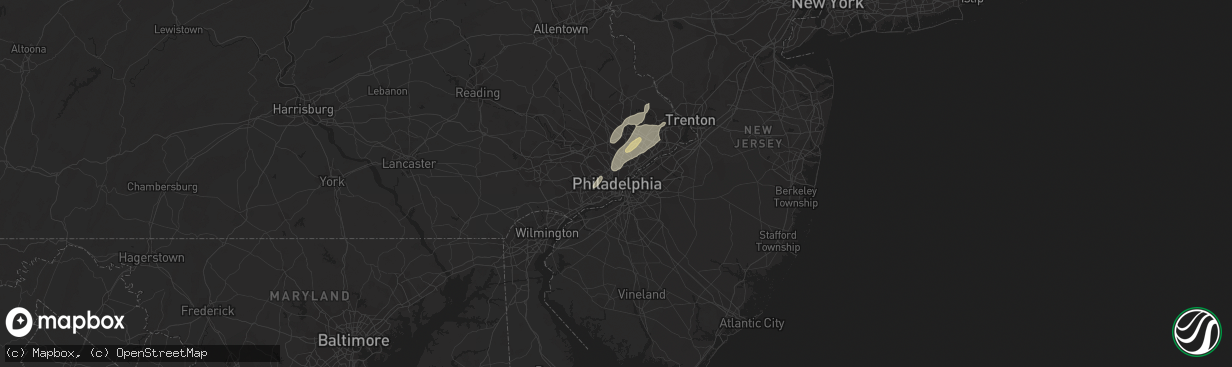 Hail map in Philadelphia, PA on June 26, 2023