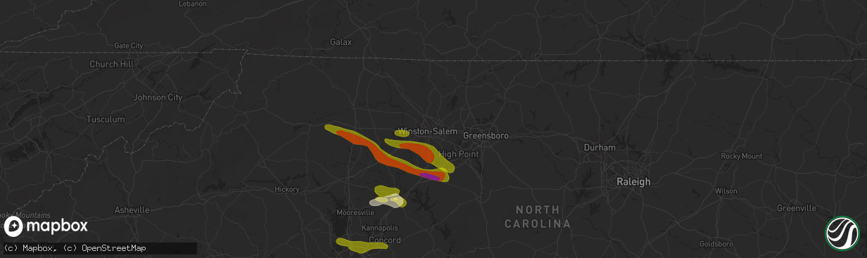 Hail map in Winston Salem, NC on June 26, 2023