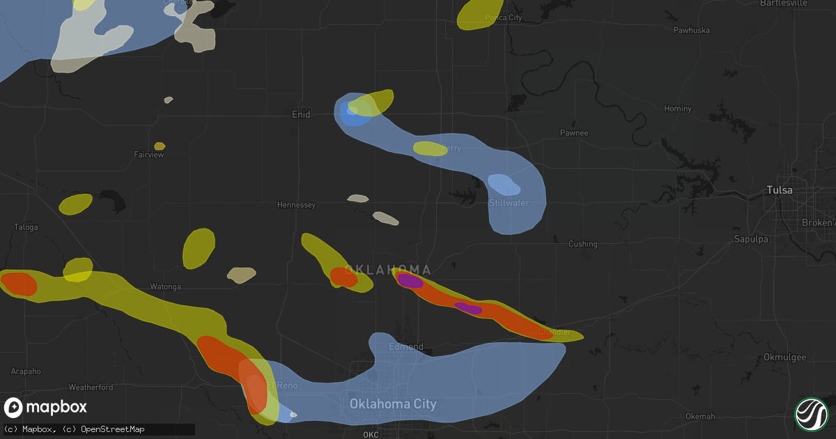 Hail map in Mulhall, OK on June 26, 2026