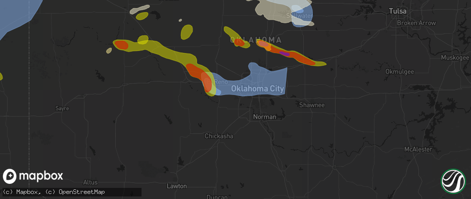 Hail map in Mustang, OK on June 26, 2026