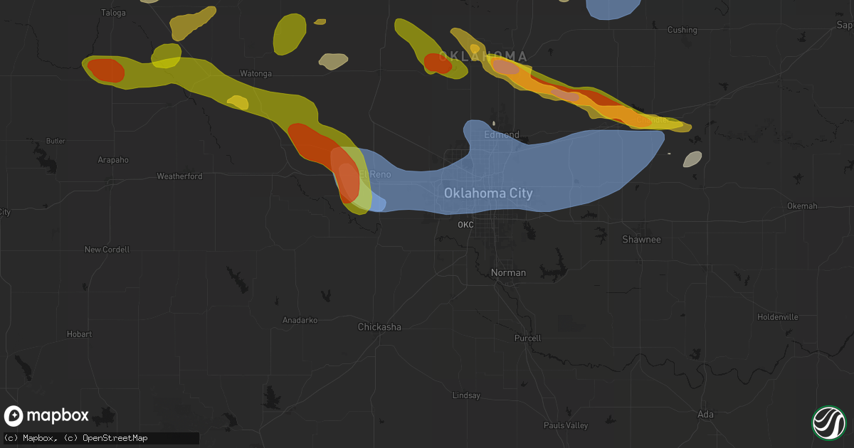 Hail map in Mustang, OK on June 26, 2026