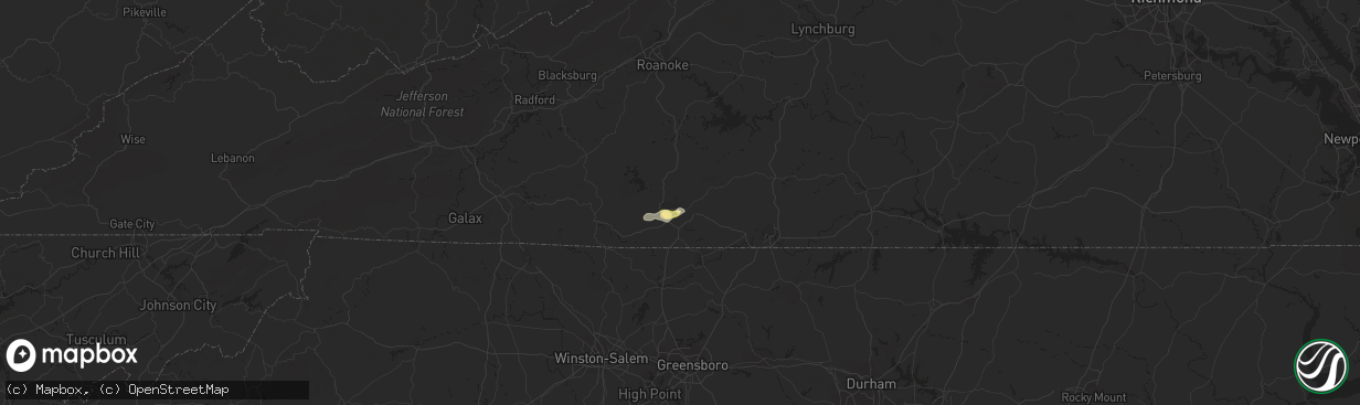 Hail map in Martinsville, VA on June 27, 2015