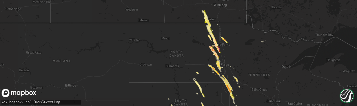 Hail map in North Dakota on June 27, 2015