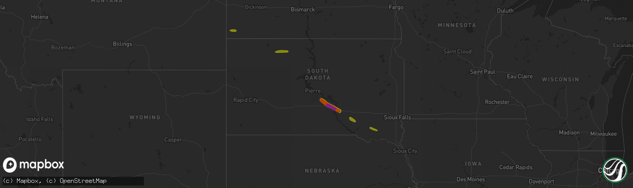 Hail map in South Dakota on June 27, 2018