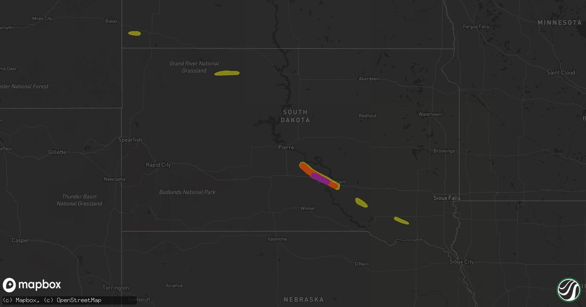Hail map in South Dakota on June 27, 2018