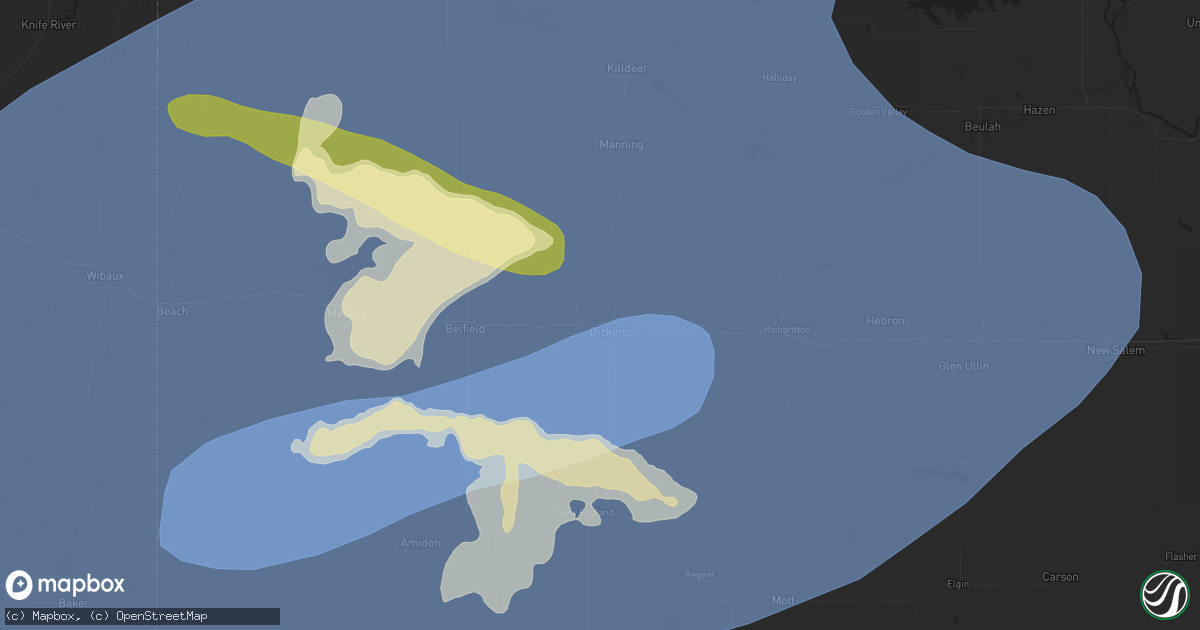 Hail map in Dickinson, ND on June 27, 2024