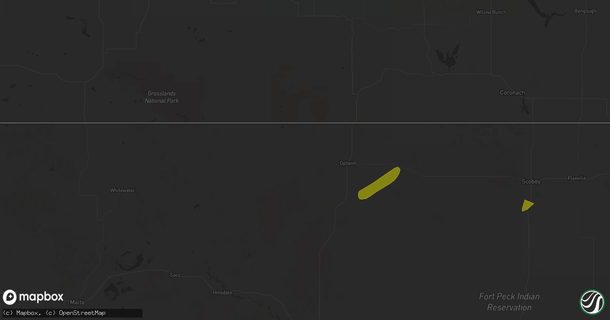 Hail map in Opheim, MT on June 27, 2025