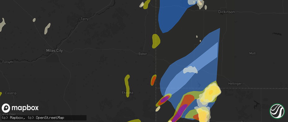 Hail map in Baker, MT on June 27, 2026