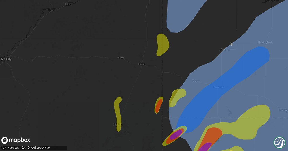 Hail map in Baker, MT on June 27, 2026